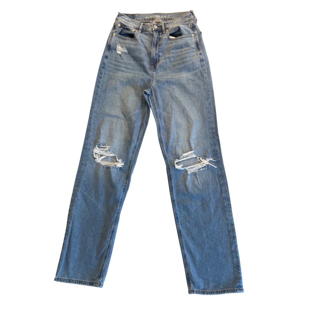 American Eagle Baggy Jeans Womens 8 Long High Waisted Distressed Medium Wash